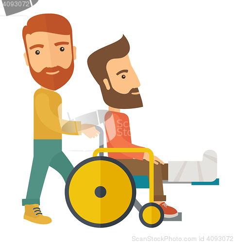 Image of Man pushing the wheelchair with broken leg patient.