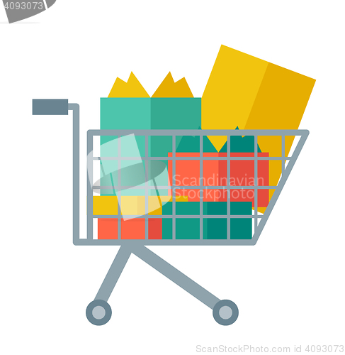 Image of Shopping cart full of shopping bags and gift boxes. 