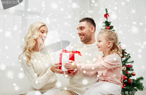 Image of happy family at home with christmas gift box