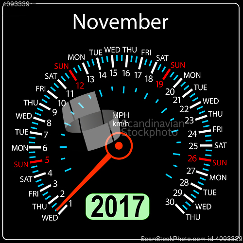 Image of year 2017 calendar speedometer car . November