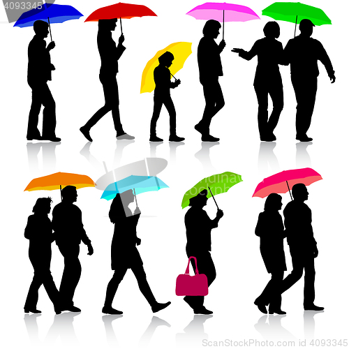 Image of Color silhouettes man and woman under umbrella. 