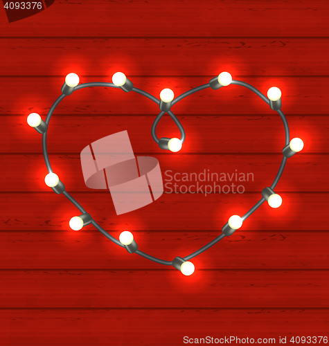 Image of Garland heart shaped on red wooden background for Valentines Day