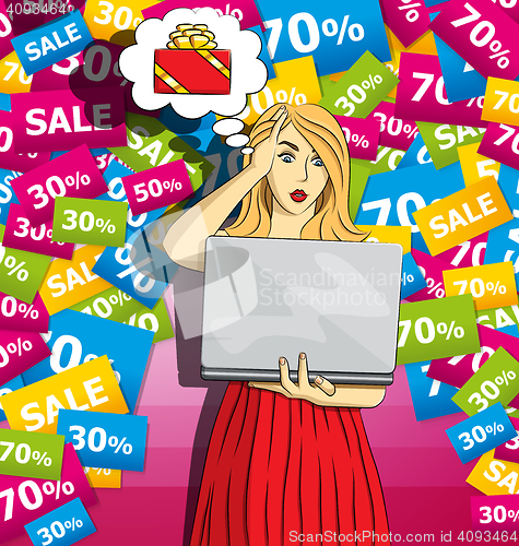 Image of Vector woman buy Christmas gifts online