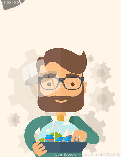 Image of Mid adult male engineer holding blueprint.