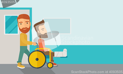 Image of Man pushing the wheelchair with broken leg patient.