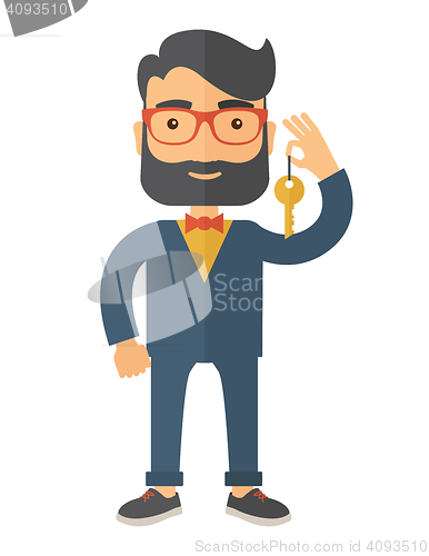Image of Business man holding a Golden key.