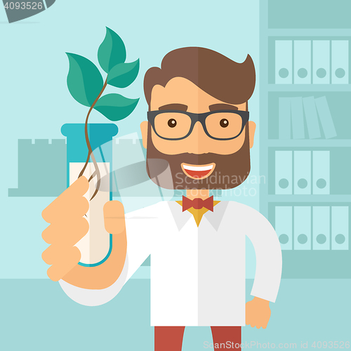 Image of Chemist with tube and eco leaves.