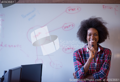 Image of African American woman writing on a chalkboard in a modern offic