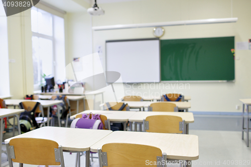 Image of school classroom with desks and blackboard