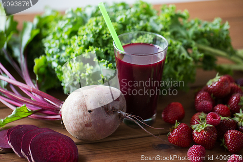 Image of glass of beetroot juice, fruits and vegetables