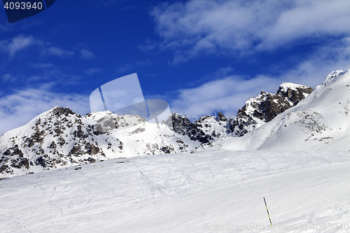 Image of Ski slope at sun winter day