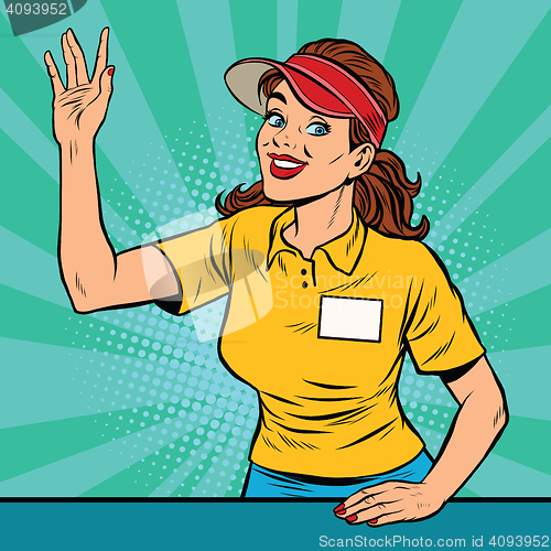 Image of Joyful young female fast food worker takes the order