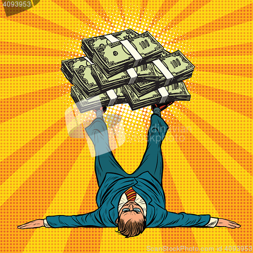 Image of Businessman athlete holds a lot of money on legs