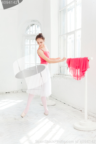 Image of Ballerina posing in pointe shoes at white wooden pavilion