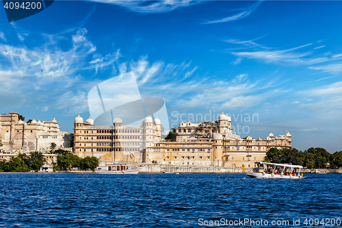 Image of City Palace view from the lake. Udaipur, Rajasthan, India