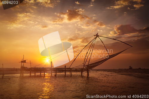 Image of Chinese fishnets on sunset. Kochi, Kerala, India