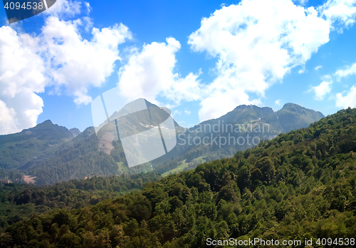 Image of The mountainous landscape of the slopes covered by forest.