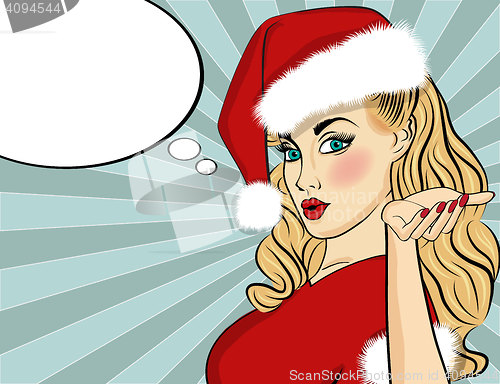 Image of Pop art Santa girl. Pin up Santa girl. Santa Girl with speech bu