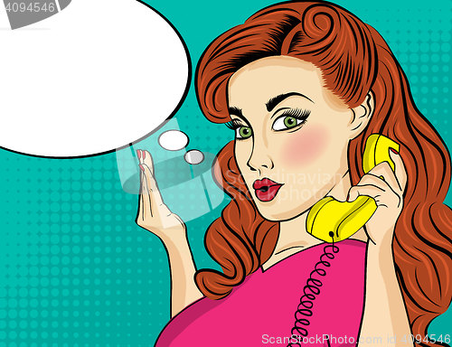 Image of Pop art  woman chating on retro phone . Comic woman with speech 