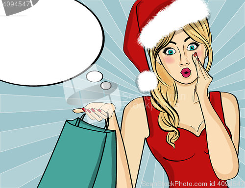 Image of Pop art Santa girl. Pin up Santa girl. Santa Girl with shopping 