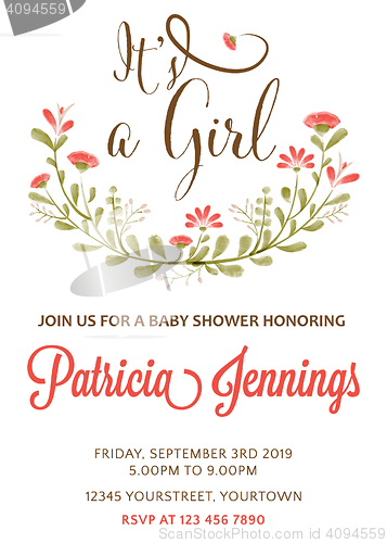 Image of beautiful baby girl shower template with watercolor flowers