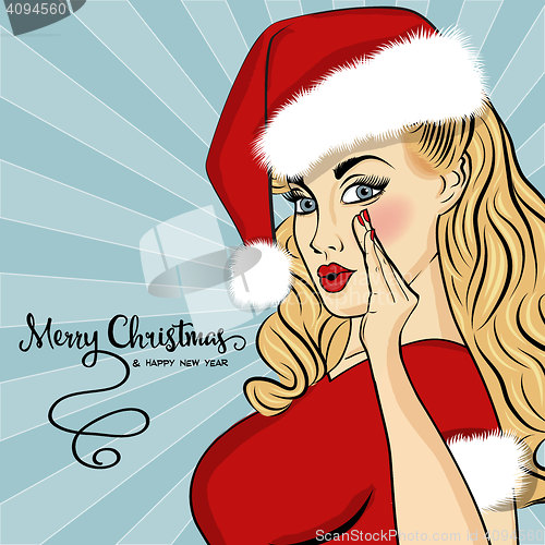 Image of Pop art Santa girl. Pin up Santa girl.  Christmas card