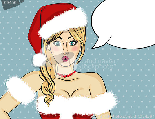 Image of Pop art Santa girl. Pin up Santa girl. Santa Girl with speech bu