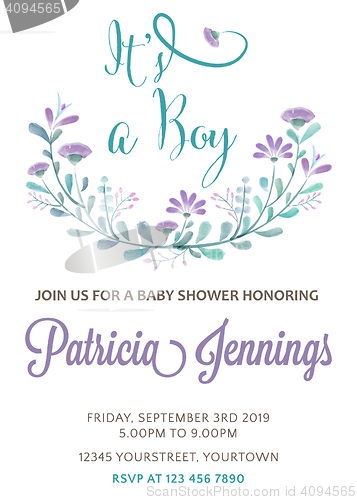 Image of beautiful baby shower template with watercolor flowers