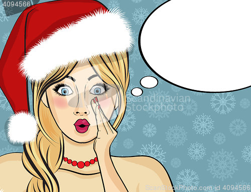 Image of Pop art Santa girl. Pin up Santa girl. Santa Girl with speech bu