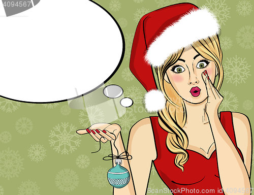 Image of Pop art Santa girl. Pin up Santa girl. Santa Girl with speech bu