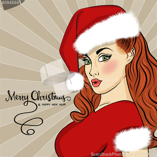 Image of Pop art Santa girl. Pin up Santa girl. Christmas card