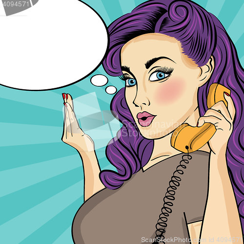 Image of Pop art woman with retro phone