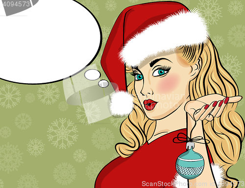 Image of Pop art Santa girl. Pin up Santa girl. Santa Girl with speech bu