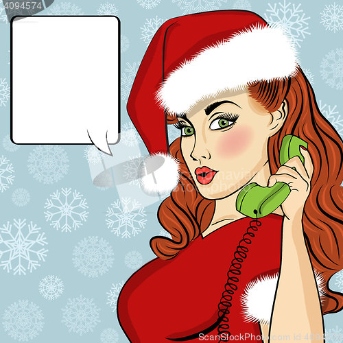 Image of Pop art Santa girl. Pin up Santa girl. Santa Girl with speech bu