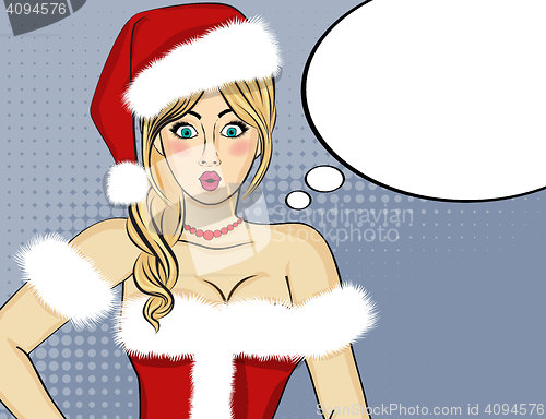 Image of Pop art Santa girl. Pin up Santa girl. Santa Girl with speech bu