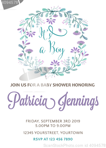 Image of beautiful baby boy shower template with watercolor flowers