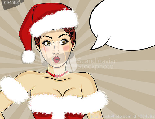 Image of Pop art Santa girl. Pin up Santa girl. Santa Girl with speech bu