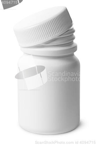 Image of Single plastic bottle with cover removed for pills
