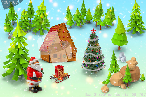 Image of Santa Claus with gifts in the forest. 3D rendering.