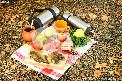 Image of Coffee and food for a picnic in the woods