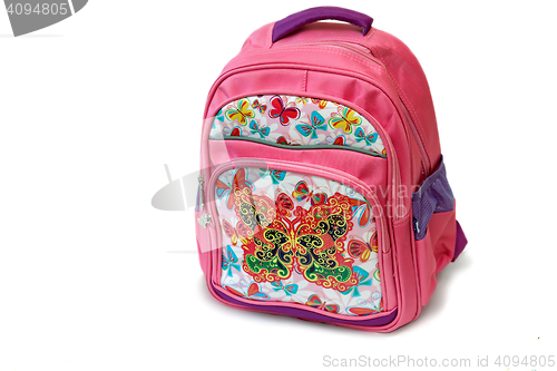 Image of School backpack for girl on a white background.