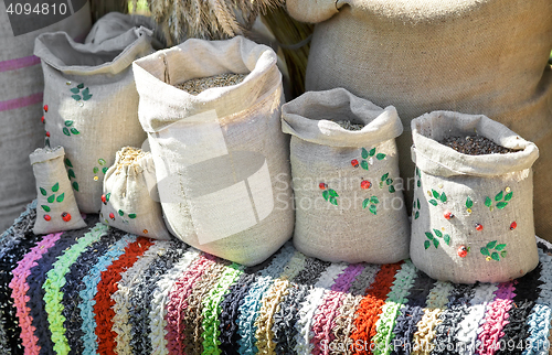 Image of Grain in bags is sold at the fair