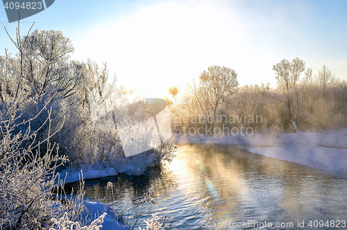 Image of Winter sunny landscape with river and forest