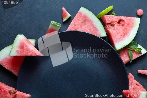 Image of slices of watermelon placed near the plate black