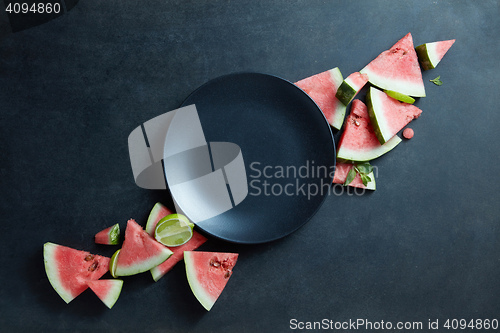 Image of black plate and slices of fresh watermelon