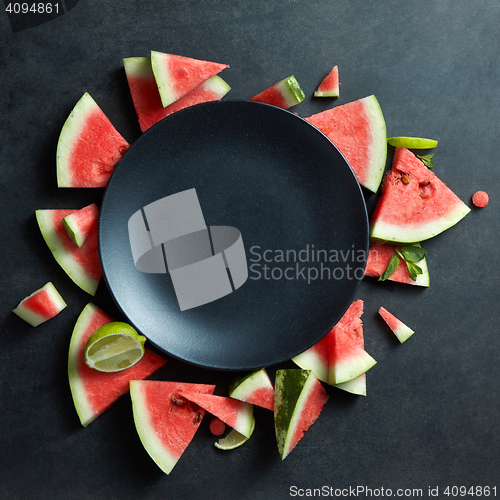 Image of slices of watermelon placed in a circle on black plate