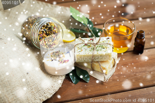 Image of close up of handmade soap bars on wood