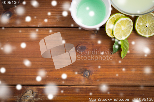 Image of body lotion, cream and limes on wood