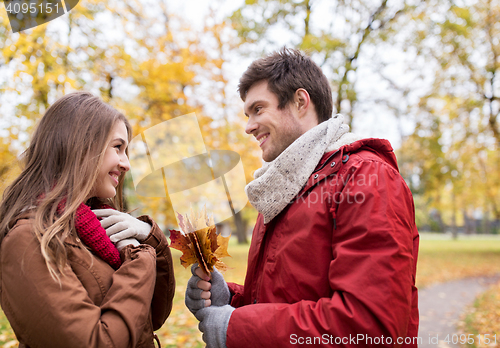 Image of happy couple with maple leaves in autumn park