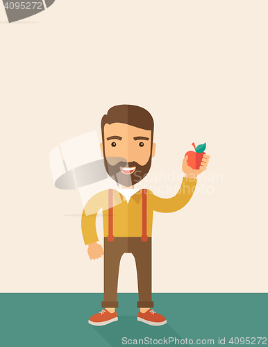 Image of Happy man holding a red apple.